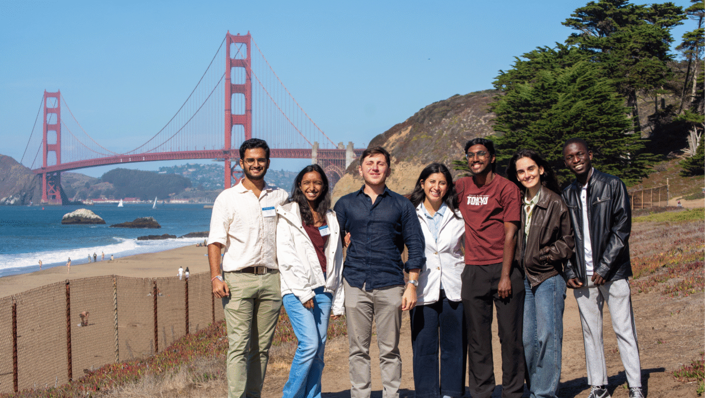 Students pose in front of the Golden Gate Bridge
