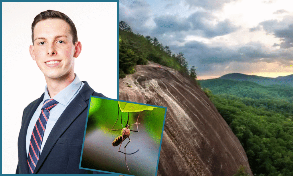 Photo of Silas Durham ’27, a mosquito, and Appalachian North Carolina