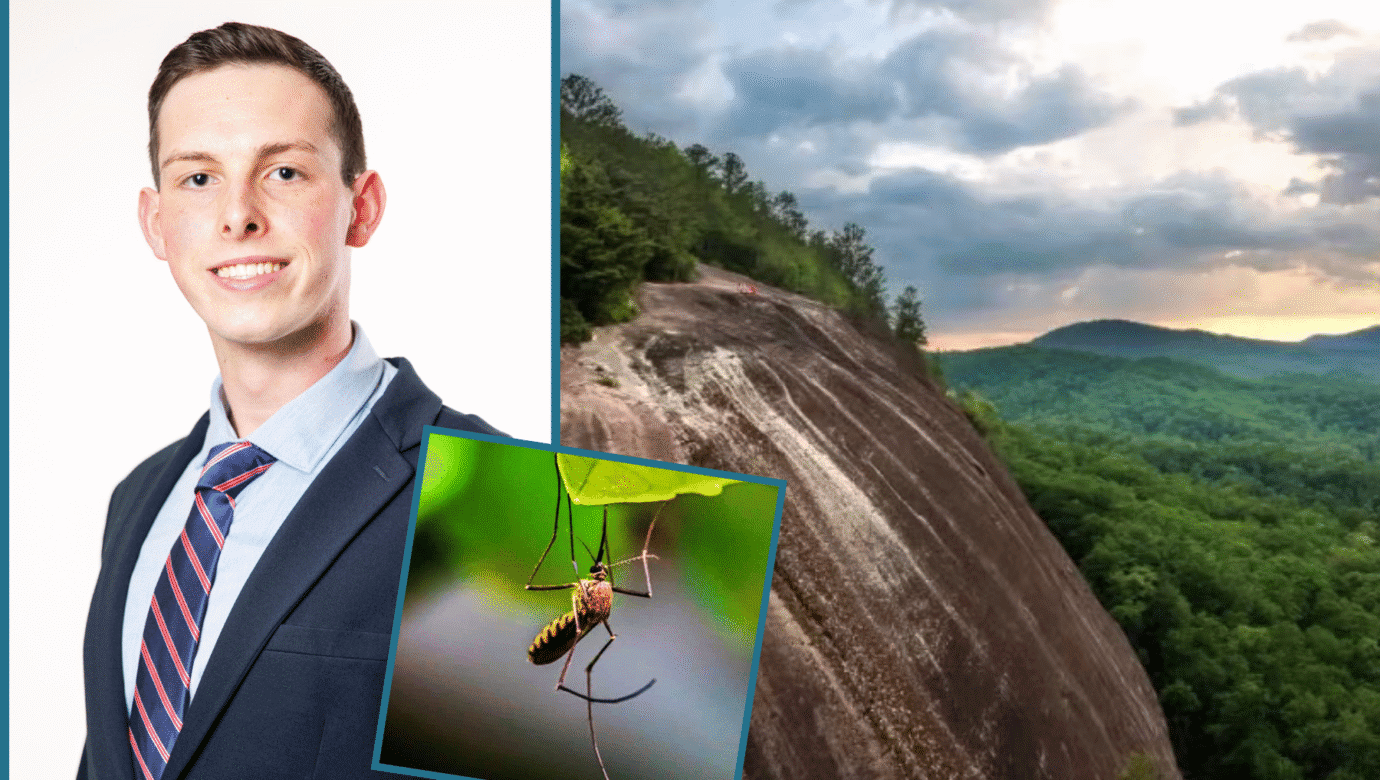 Photo of Silas Durham ’27, a mosquito, and Appalachian North Carolina